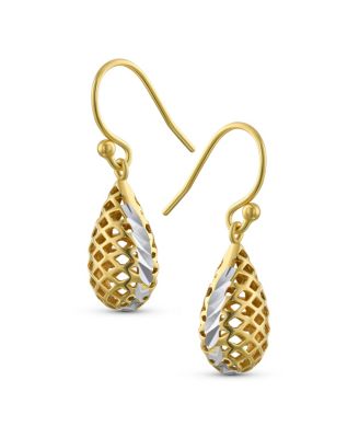 Basket Weave Puffed Pear Shaped Rain Drop Teardrop Earrings Fishhook Yellow Gold Plated Sterling Silver