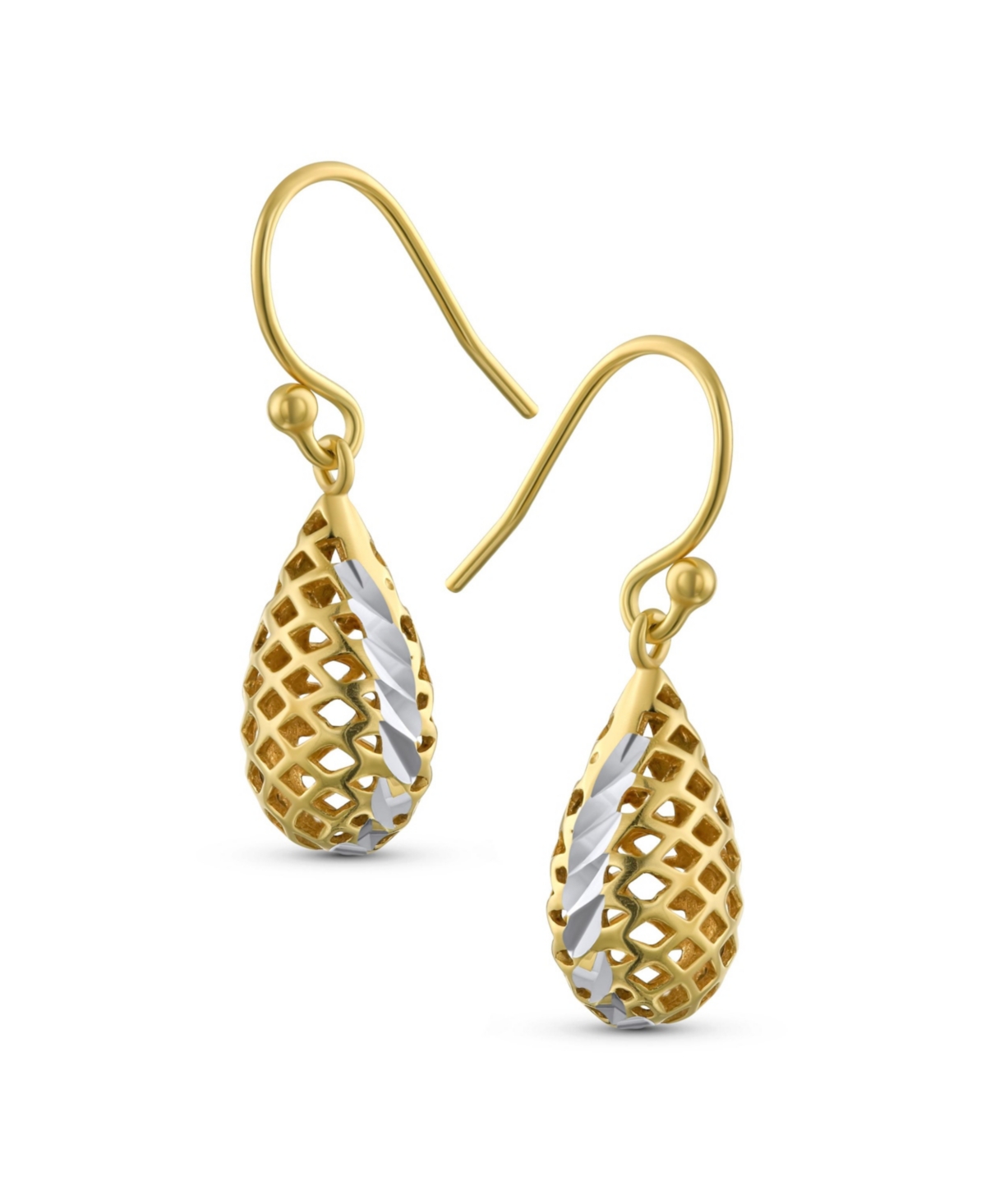 Bling Jewelry Basket Weave Puffed Pear Shaped Rain Drop Teardrop Earrings For Women Fishhook Yellow Gold Plated Sterling Silver