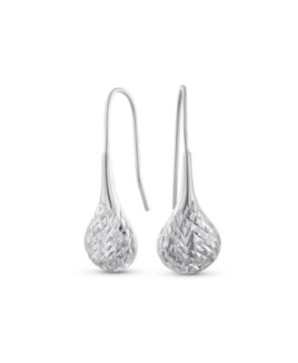 Carved Puffed Pear Shaped Rain Drop Teardrop Earrings For Women Fishhook Sterling Silver 1.5 Inch