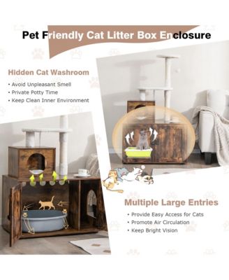 2-in-1 Wooden Litter Box Enclosure with Cat Tree Hidden Washroom Furniture