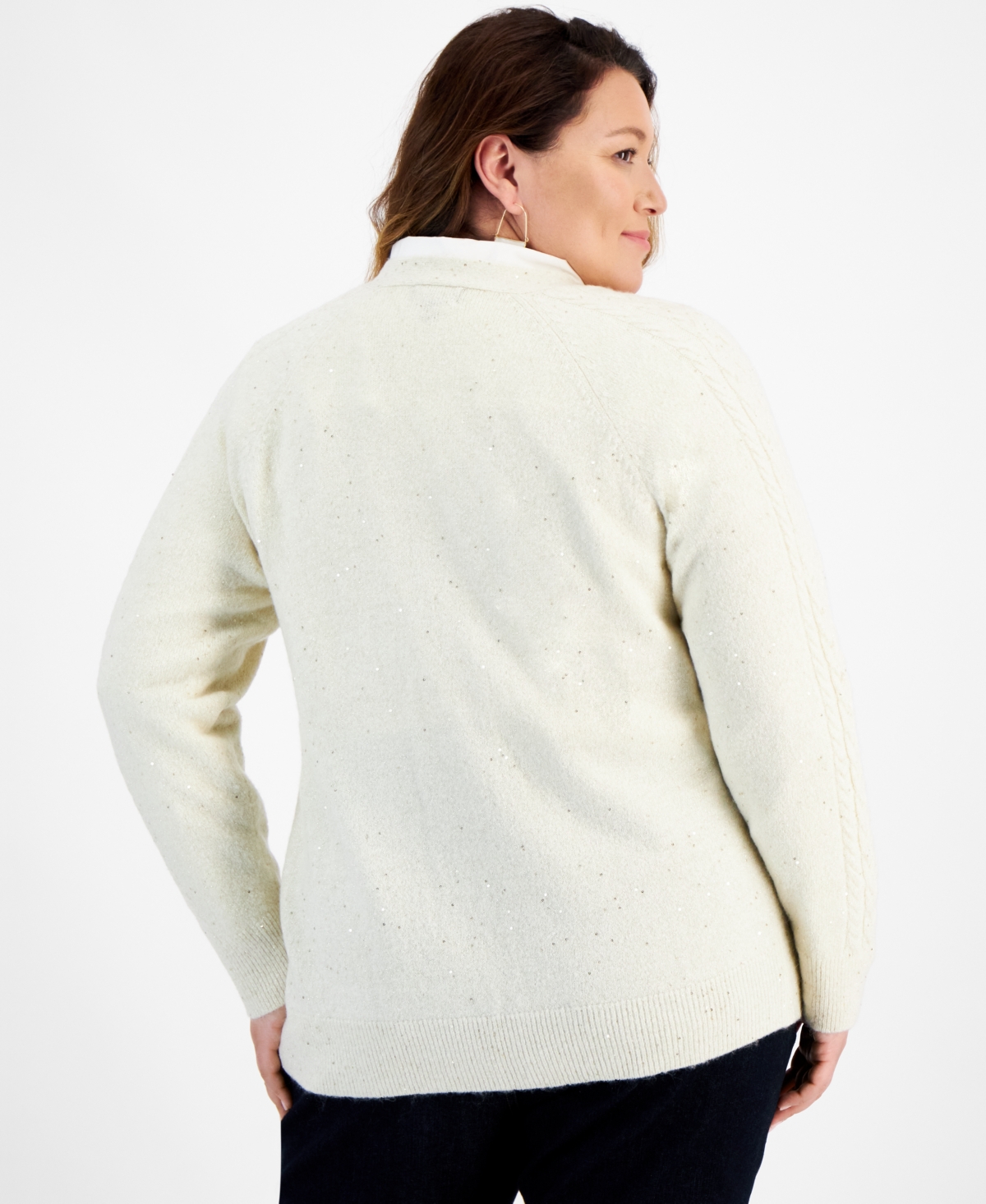 Style & Co Plus Size Shimmer Sequin Cable-knit Cardigan, Created For Macy's In Earl Natural