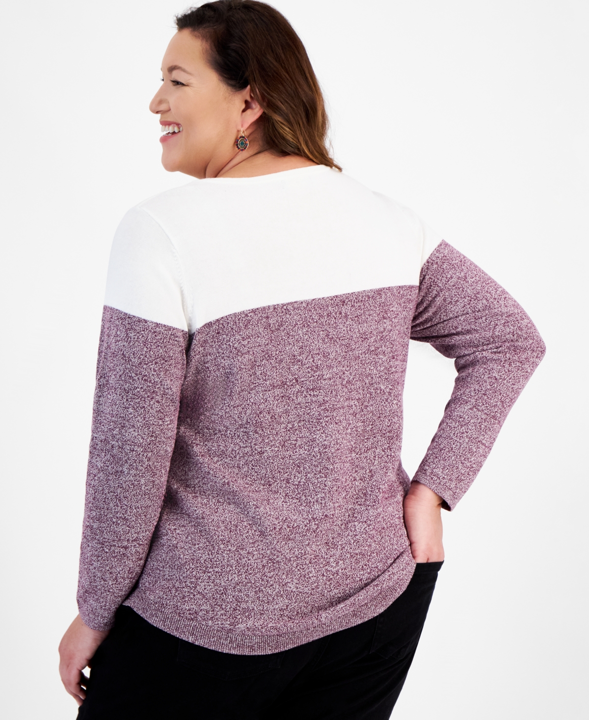 Style & Co Plus Size Cotton Color-Blocked Curved-Hem Sweater, Created for Macy's