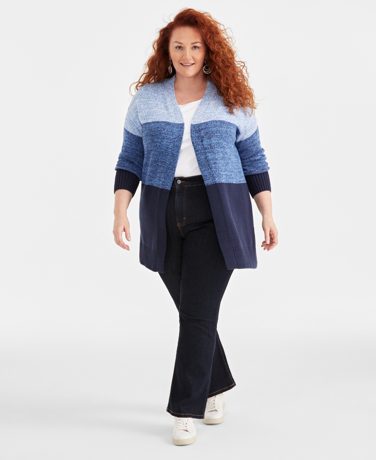 Style & Co Plus Size Turbo Moonlit Colorblocked Open-Front Cardigan, Created for Macy's