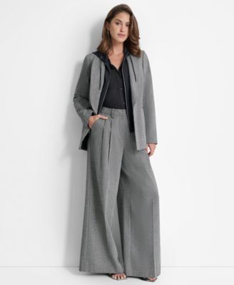 Womens Layered Hoodie Blazer Mixed Media Long Sleeve Top High Rise Pleated Wide Leg Pants