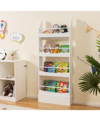 4-Tier Kids Bookshelf Toy Storage Bookcase Rack Wall w/ Anti-toppling Kits Grey