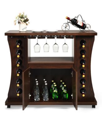 Rolling Buffet Sideboard Wooden Bar Storage Cabinet w/ Wine Rack & Glass Holder