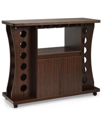 Rolling Buffet Sideboard Wooden Bar Storage Cabinet w/ Wine Rack & Glass Holder