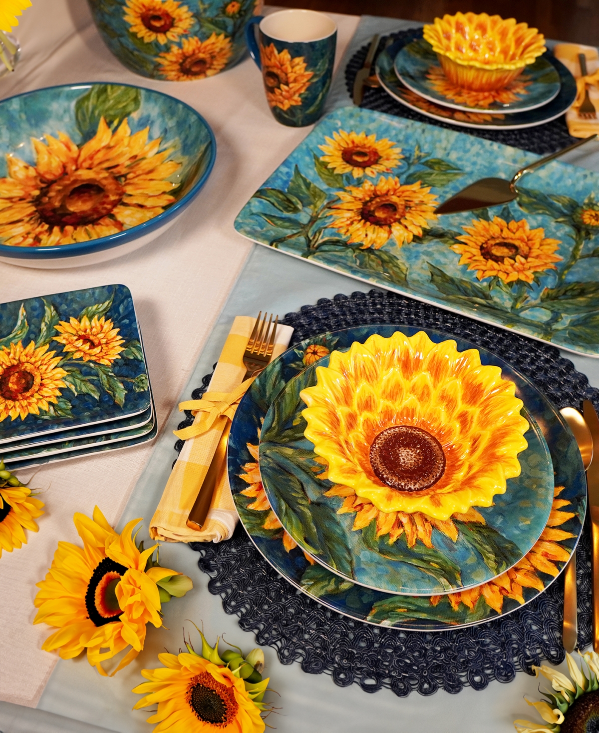 Certified International Golden Sunflowers Set Of 4 Canape Plates In Miscellaneous