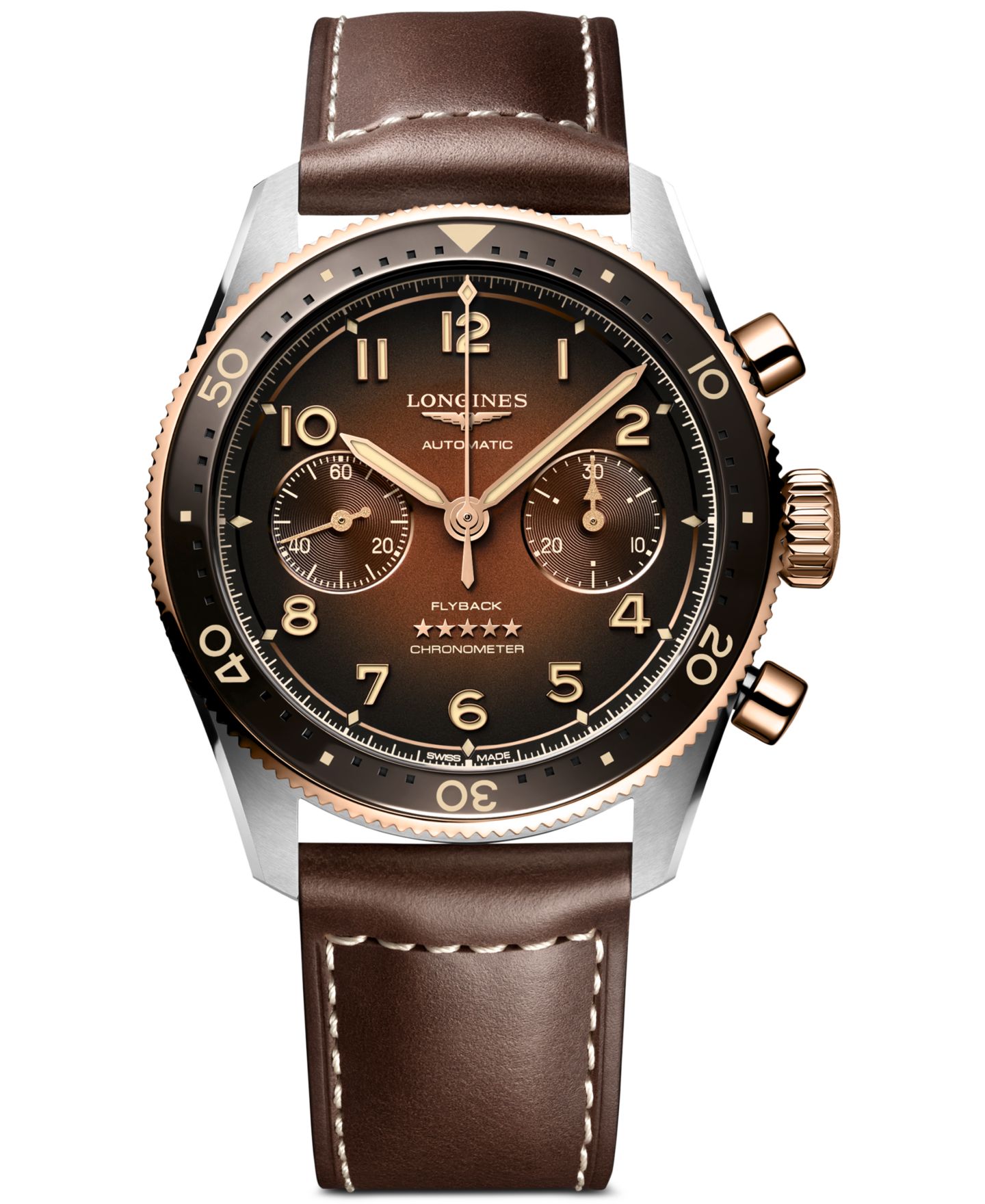 Мужские часы Longines Swiss Automatic Chronograph Spirit Flyback Brown Leather Strap Watch 42mm — фото 1