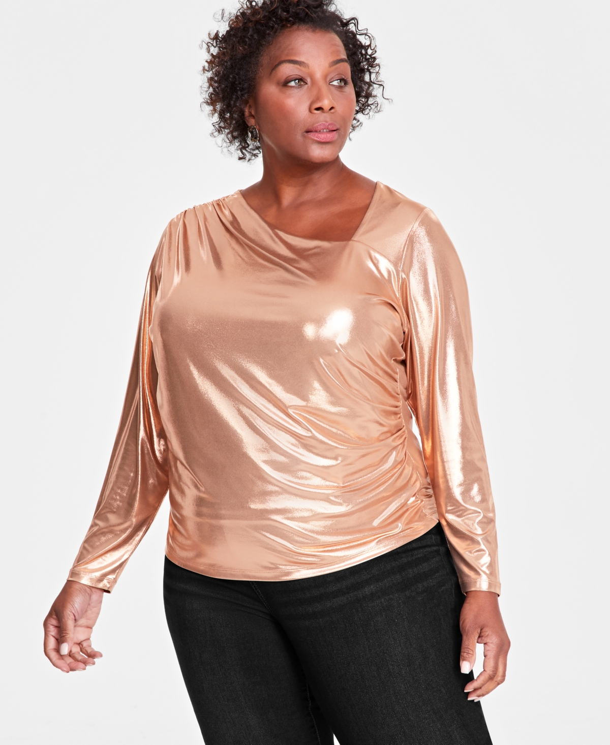 I.n.c. International Concepts Plus Size Asymmetrical-Neck Metallic Foil Top, Created for Macy's