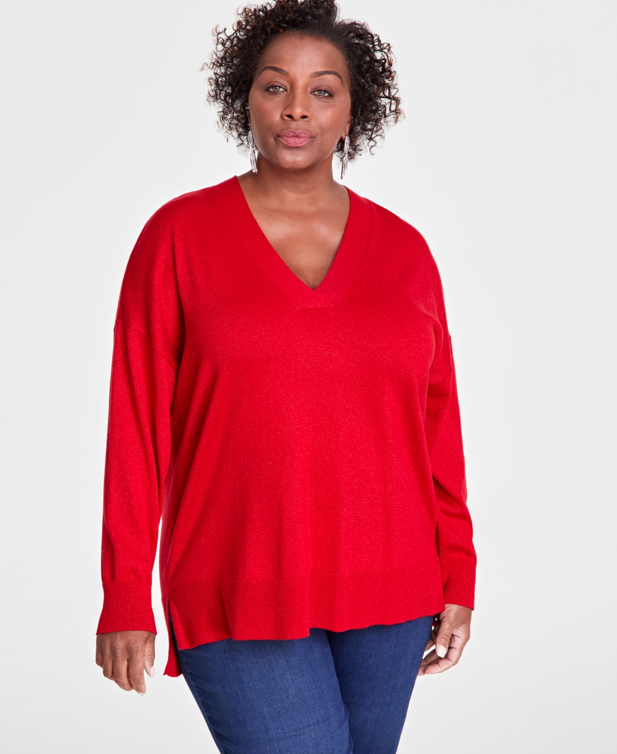 INC INTERNATIONAL CONCEPTS PLUS SIZE METALLIC-KNIT V-NECK SWEATER, CREATED FOR MACY'S 