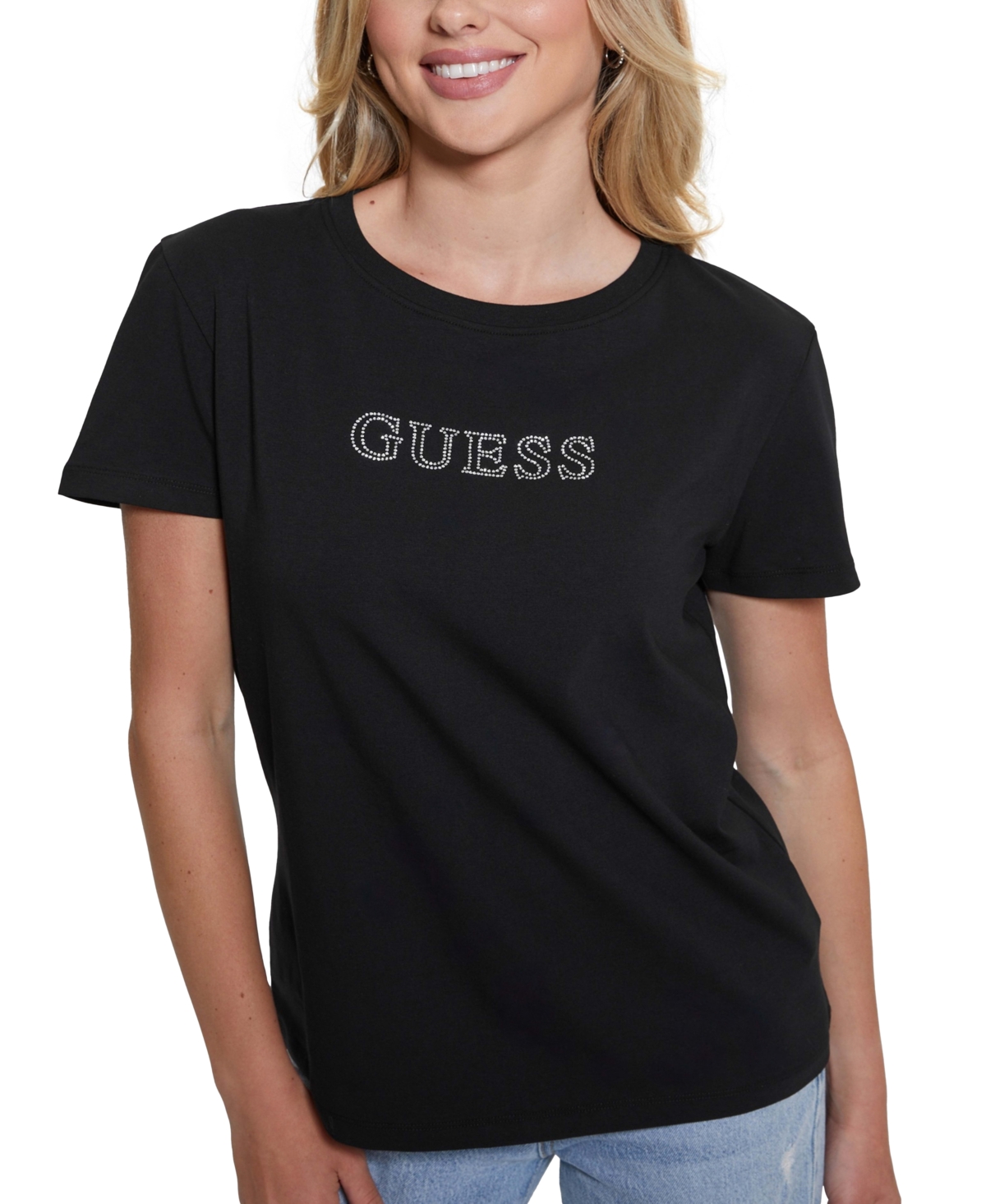 Guess Briana Embellished Logo T-shirt In Black