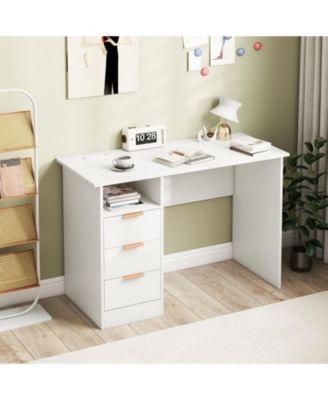 Home Office Desk with Power Outlet 3 Storage Drawers and Open Compartment-White