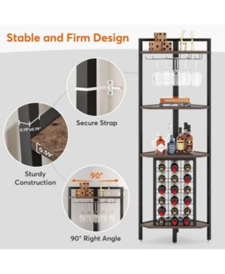 Corner Wine Rack with Glass Holder and Storage Shelves, 4 Tier Corner Bar Corner Wine Cabinet, Industrial Corner Wine Shelf for Living Room, Small Space (Brown)