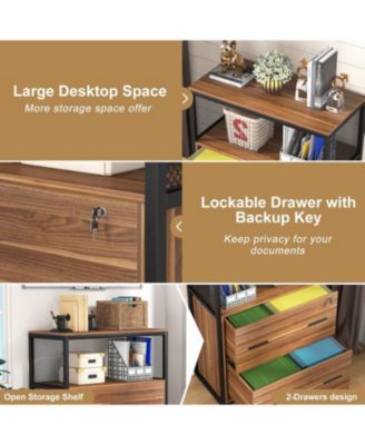 2 Drawer File Cabinet with Lock, Large Lateral Filing Cabinet for Letter/Legal / A4 Size, Wood Printer Stand with Open Storage Shelves for HomeOffice (Brown)