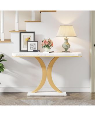Modern Gold Console Table, 40 inch Narrow Entryway Foyer Table with Geometric Base, Rustic Hallway Accent Table for Living Room, Entrance