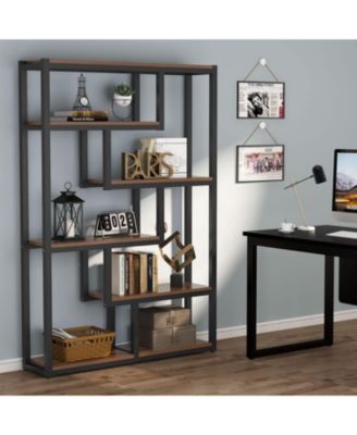 6-Shelf Industrial 69-Inch Tall Bookshelf with Staggered Display Shelves and Metal Frame Etagere Bookcase for Home Office