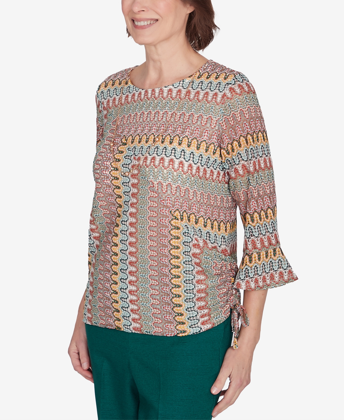 Alfred Dunner Petite Emerald Isle Spliced Texture Top With A Drawstring Hemline In Mugreen