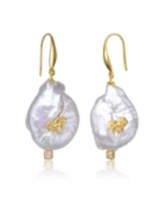 Genevive Sterling Silver Gold Plated with Genuine Freshwater Pearl Hook Earrings - Gold