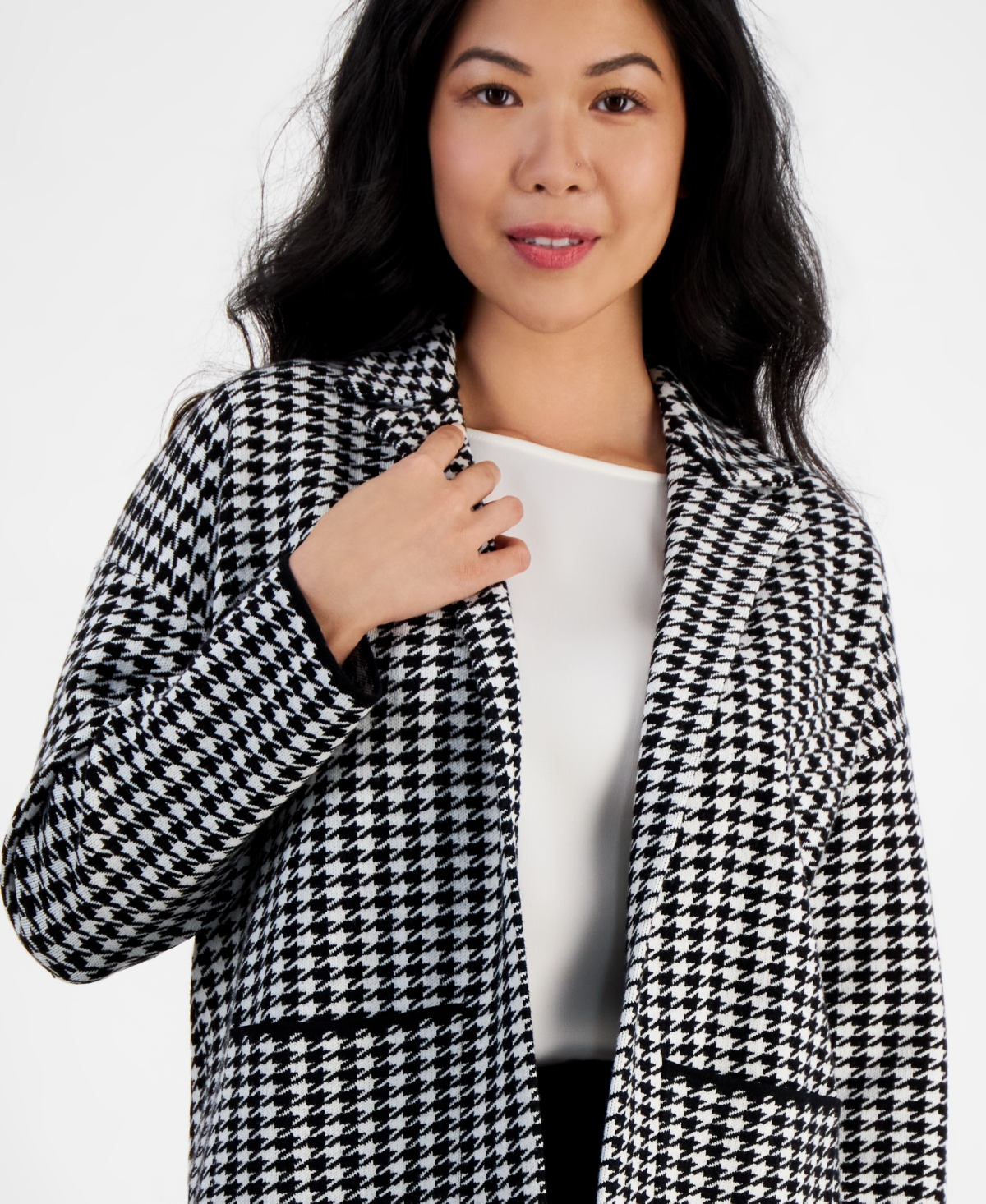 Ak Anne Klein Petite Houndstooth Notched-Collar Sweater -Anne White