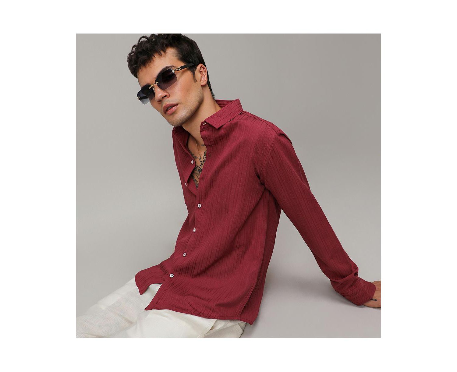 Men's Blush Red Self-Design Striped Shirt