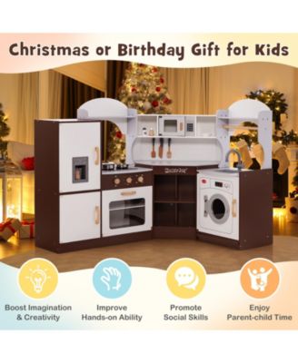 Corner Play Kitchen with Ice Maker Microwave Oven for Kids 3+ Years Old Wooden Toy