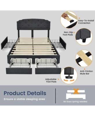 Full Platform Bed Frame with 4 Storage Drawers Adjustable Headboard Grey