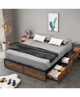 Full Industrial Metal Platform Bed Frame with 4 Drawers Wooden Footboard