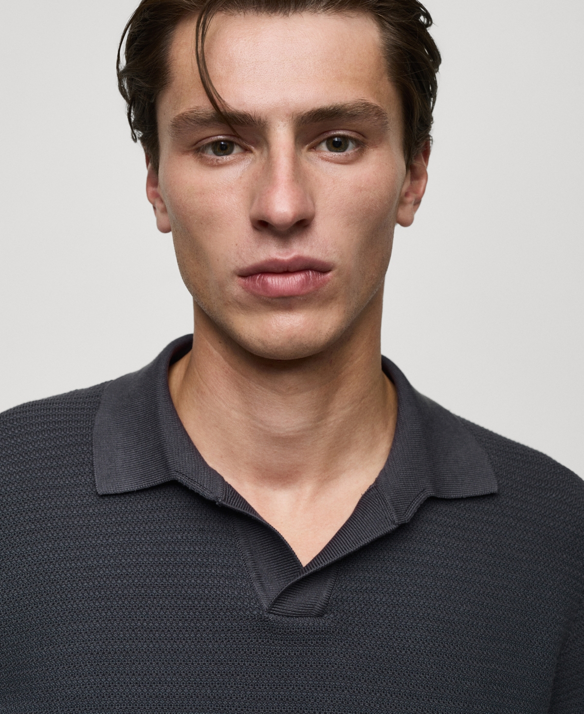 Mango Men's Braided Knit Cotton Polo Shirt