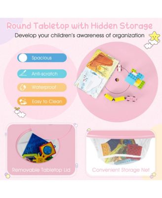 Kids Wooden Round Table & 2 Chair Set w/ Center Mesh Storage