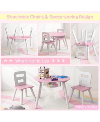 Kids Wooden Round Table & 2 Chair Set w/ Center Mesh Storage