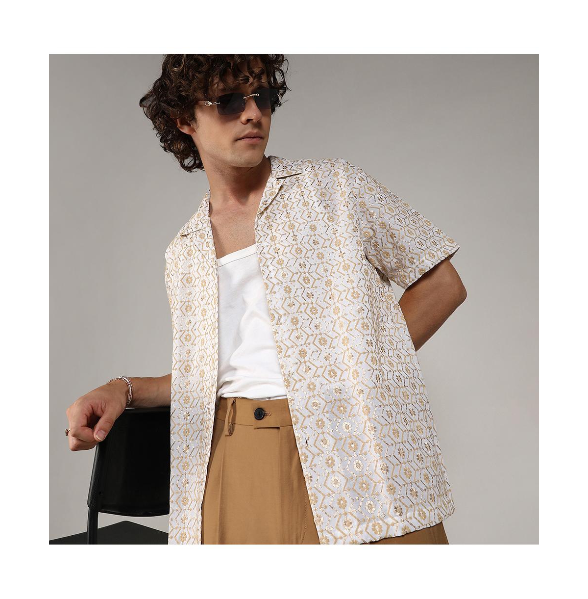 Campus Sutra Men's Off-White & Beige Embroidered Geometric Shirt