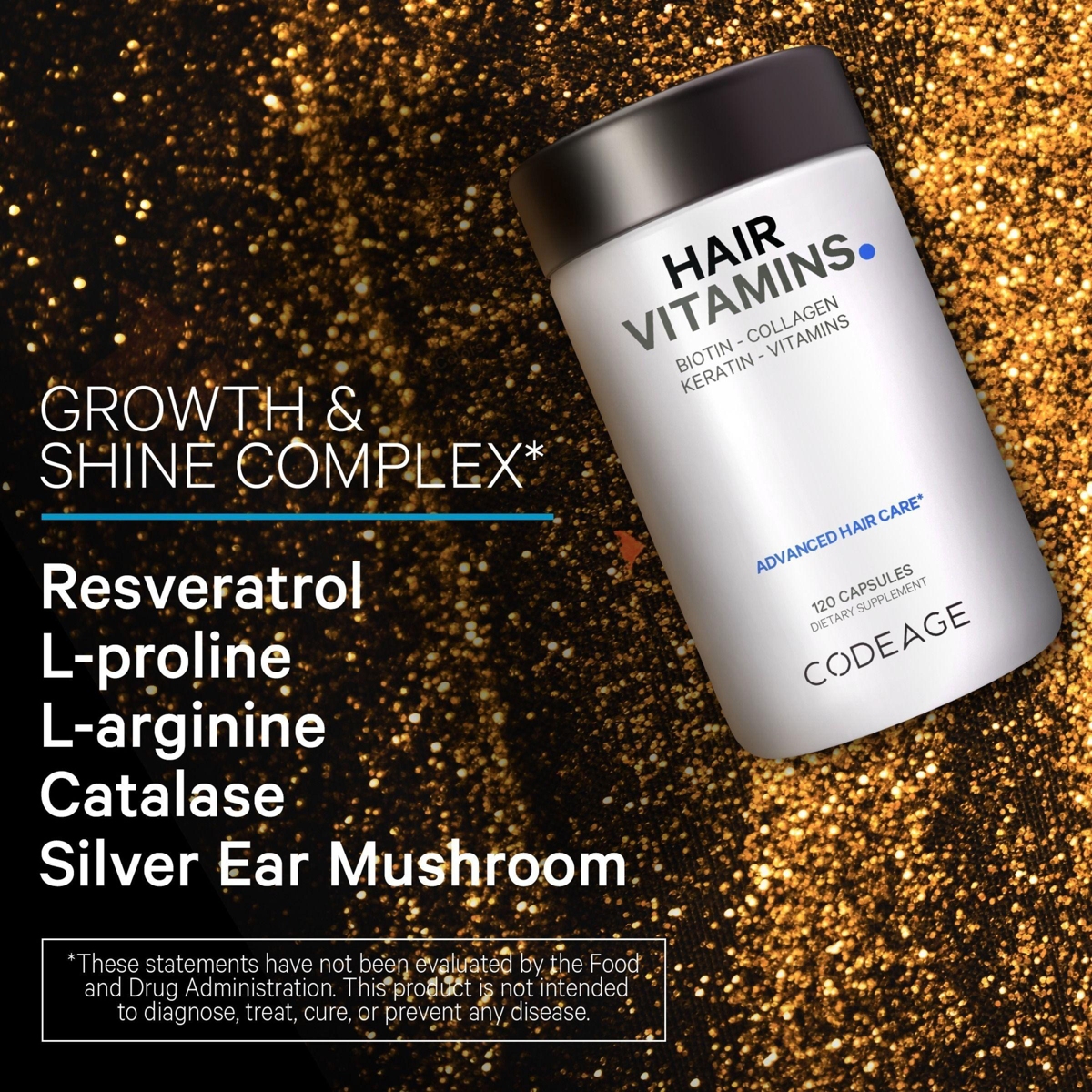 Codeage Hair Vitamins 10000 mcg Biotin, Keratin, Collagen, Vitamin A, B12, C, D3, E, Zinc, Turmeric, Probiotics, Enzymes, Inositol - Hair Care Support