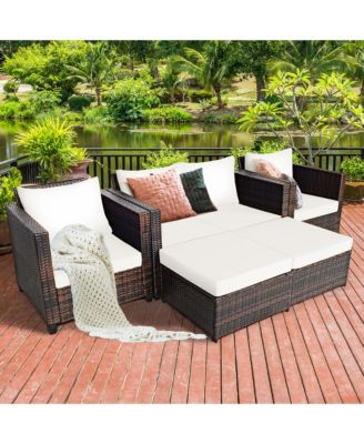 5PCS Patio Rattan Furniture Set Loveseat Sofa Ottoman Cushioned