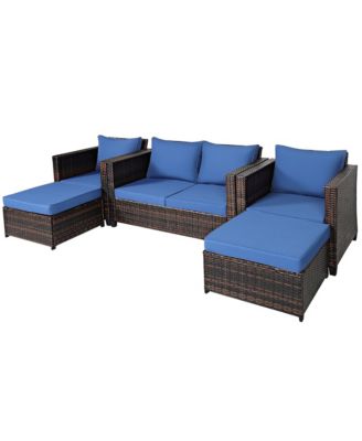5PCS Patio Rattan Furniture Set Loveseat Sofa Ottoman Cushioned