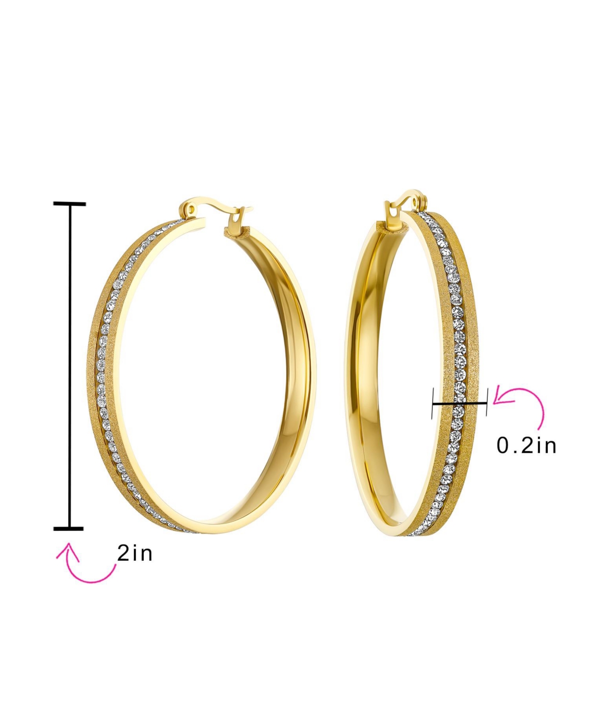 Bling Jewelry Round Channel Set Cz Hoop Earrings Stardust Brush Matte Finish Channel Set Cz Gold Plated Stainless Steel 2 In Diameter