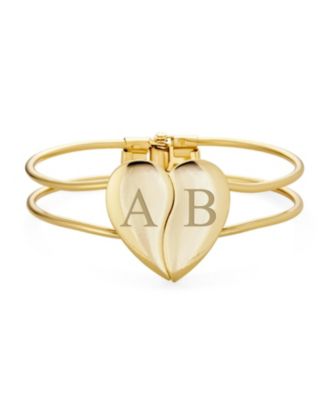 Initials Friendship Love Split Heart Wide Bracelets Bangle Cuff Bracelet  ForYellow Gold Tone Metal Hinge Opening
