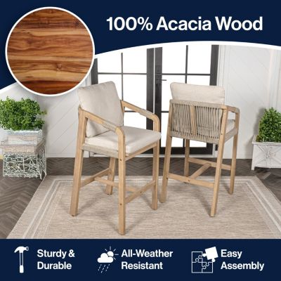 Porto 2-Pc. Acacia Wood Roped Cushioned Armrest Tub Outdoor Bar Stools