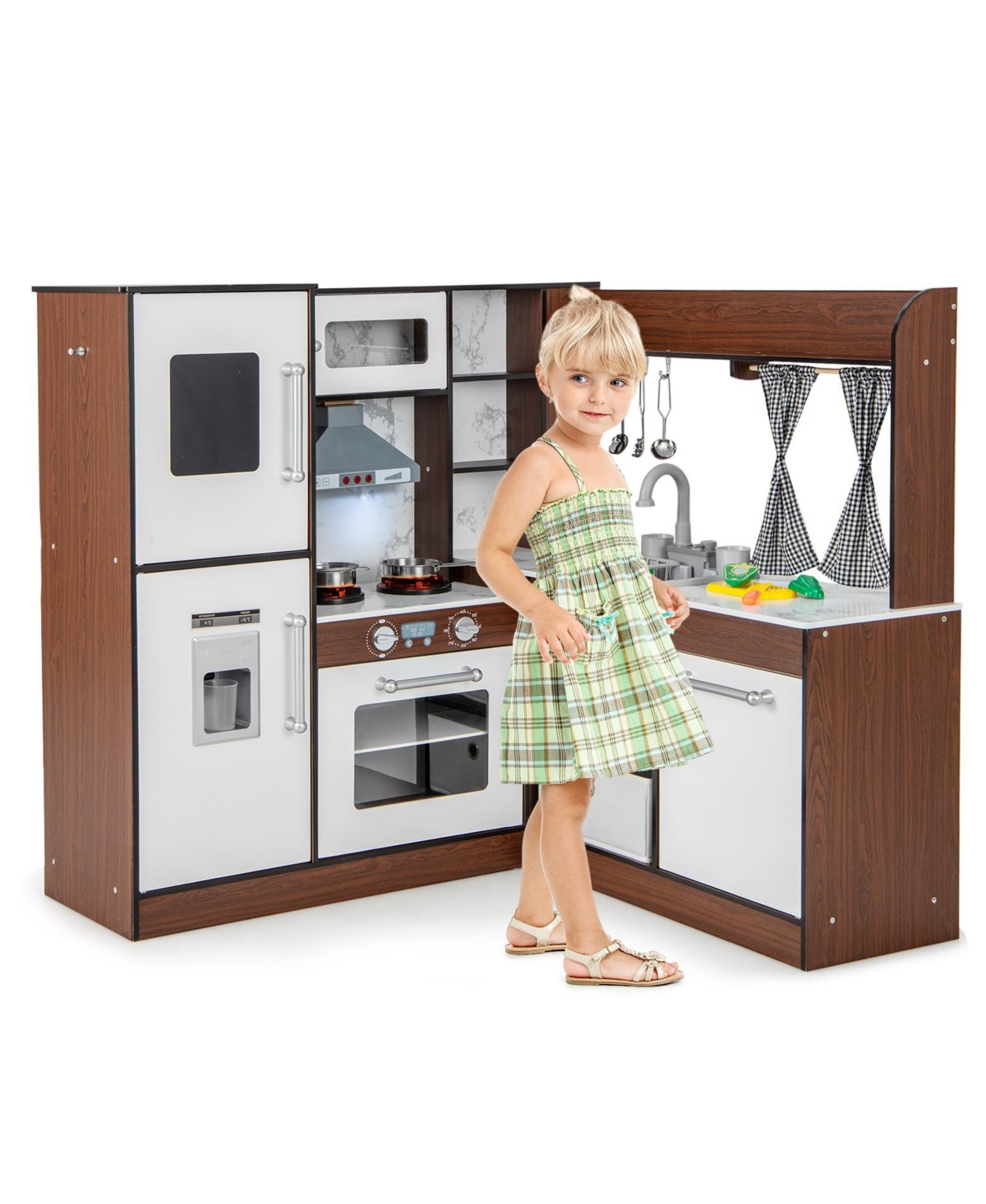 Skonyon Wooden Corner Play Kitchen with Water Circulation System and Lights- Brown