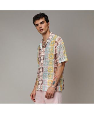 Men's Lemon Yellow & Chocolate Brown Geometric Block Oversized Shirt