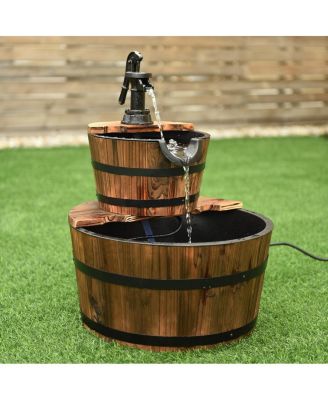 2-Tiers Outdoor Wooden Barrel Waterfall Fountain with Pump