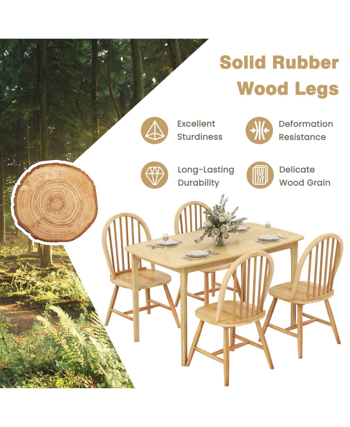 Sugift 5 Pieces Wooden Dining Table Set with 4 Windsor Chairs