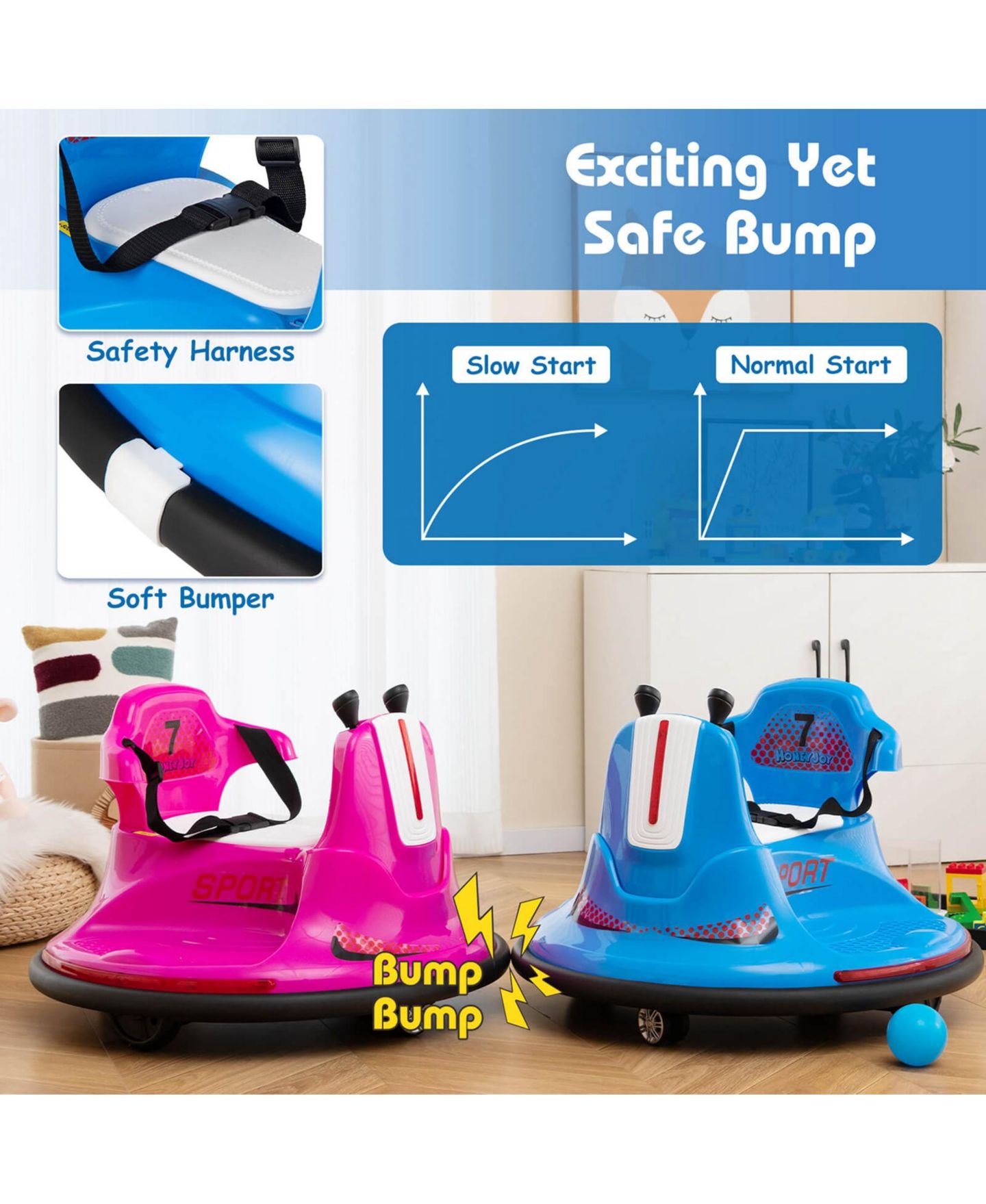 Детская игрушка Costway Electric Remote Control Bumper Car, 26" x 26" x 18.7", 66 lbs. Capacity, Ages 3-7, цвет: Синий — фото 3