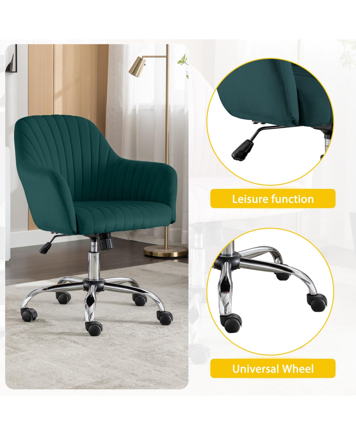 Streamdale Furniture Modern Velvet Accent Chair with Adjustable Height and Casters - Green
