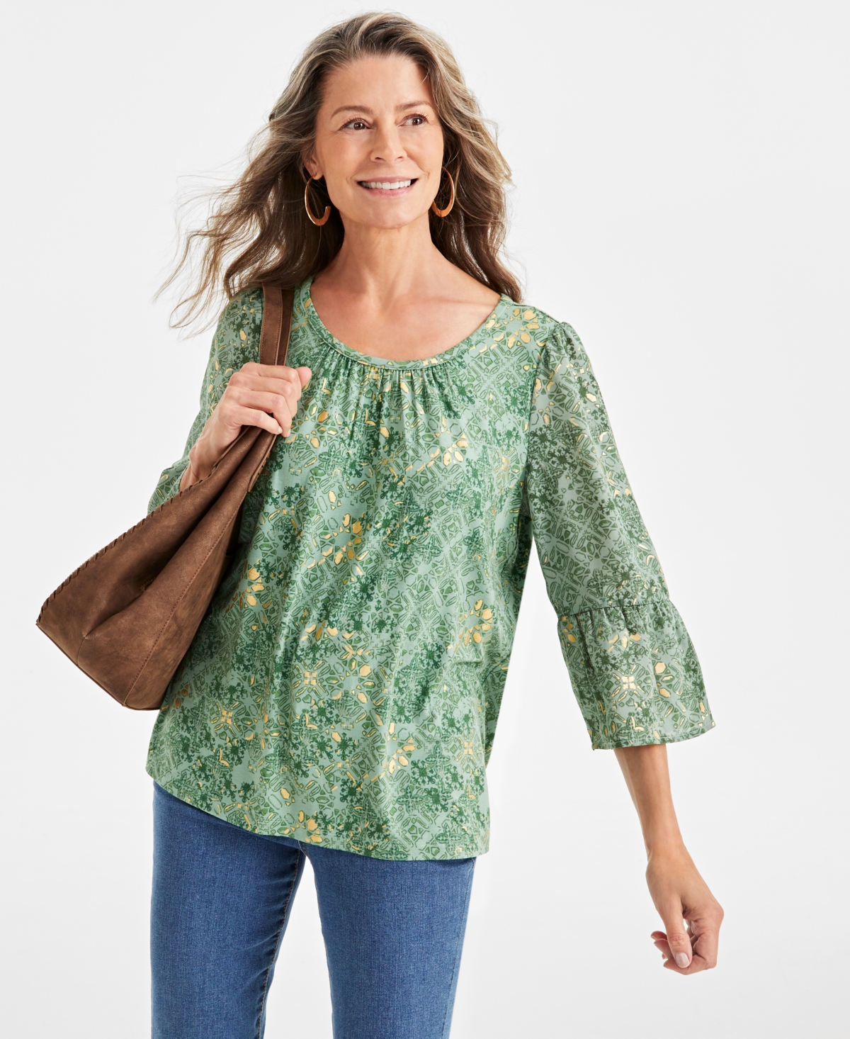 Style & Co Petite Printed Mixed-Media Knit Top, Created for Macy's