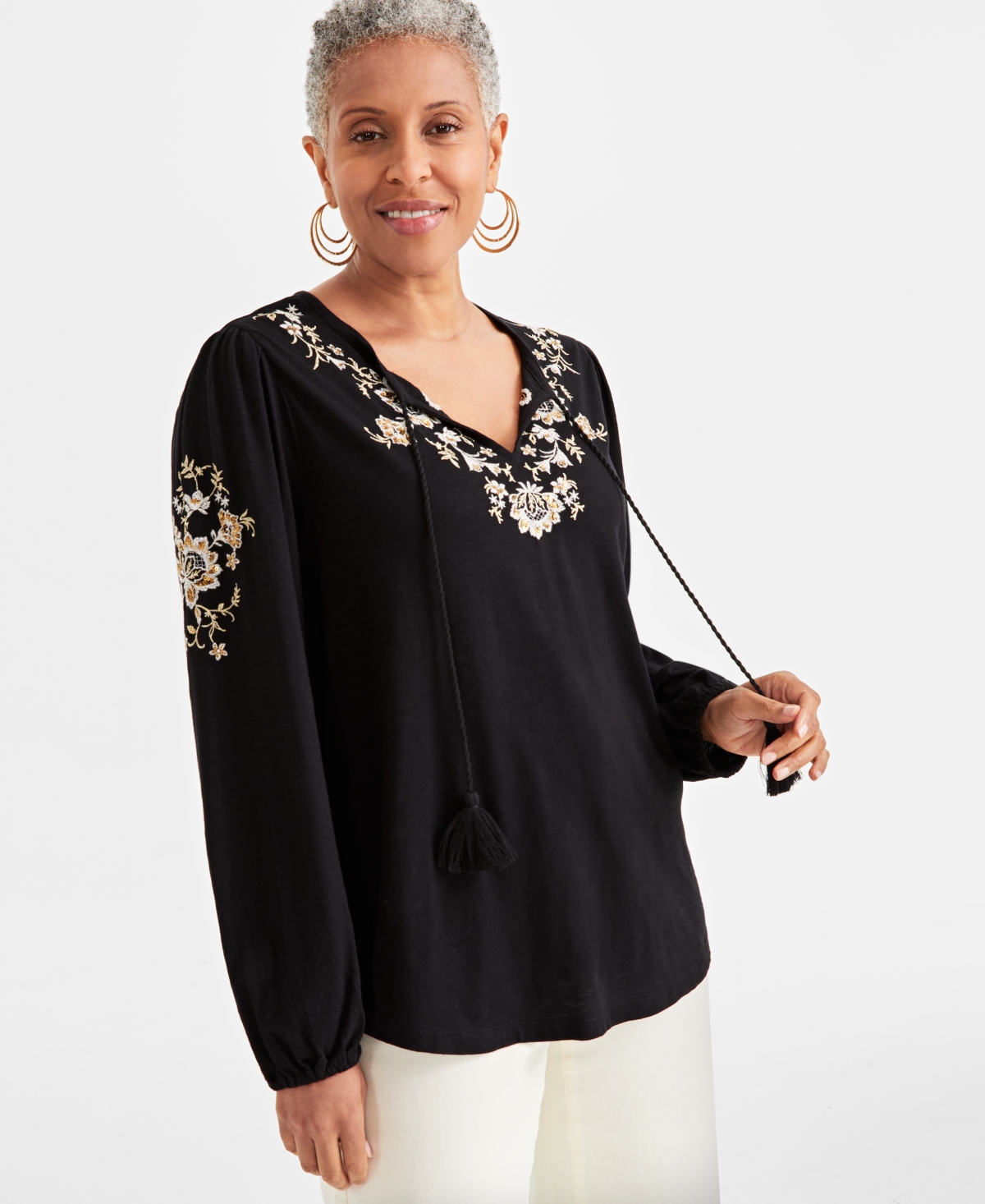 Style & Co Women's Shine Embroidered Long-sleeve Blouse, Created For Macy's In Emb Black