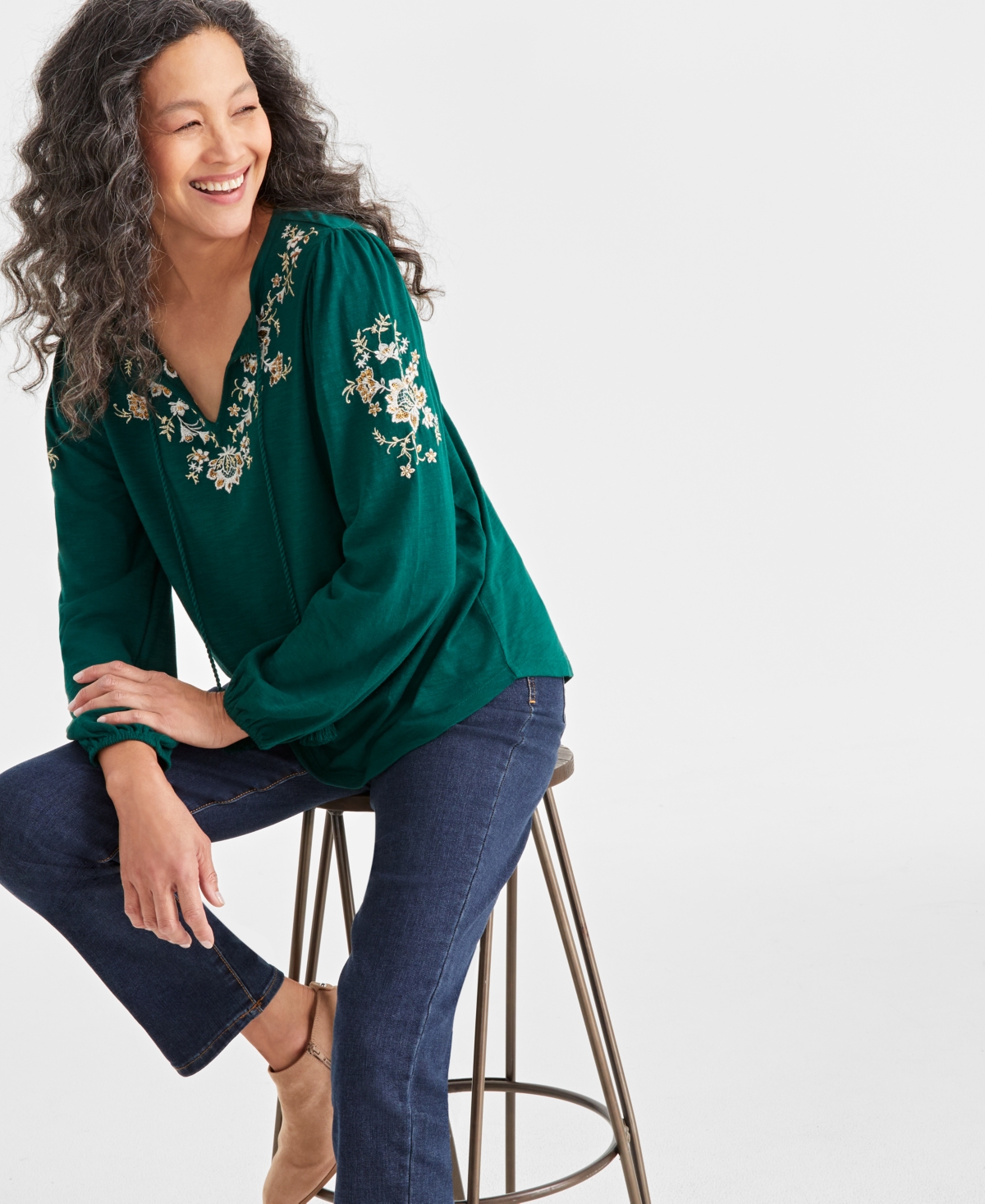 Style & Co Women's Shine Embroidered Long-Sleeve Blouse, Created for Macy's
