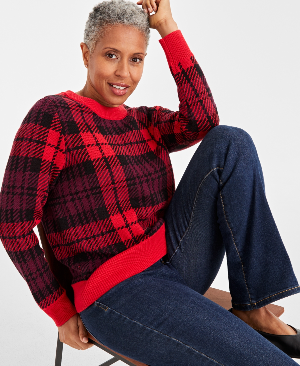 STYLE & CO WOMEN'S PLAID CREWNECK PULLOVER SWEATER, CREATED FOR MACY'S 