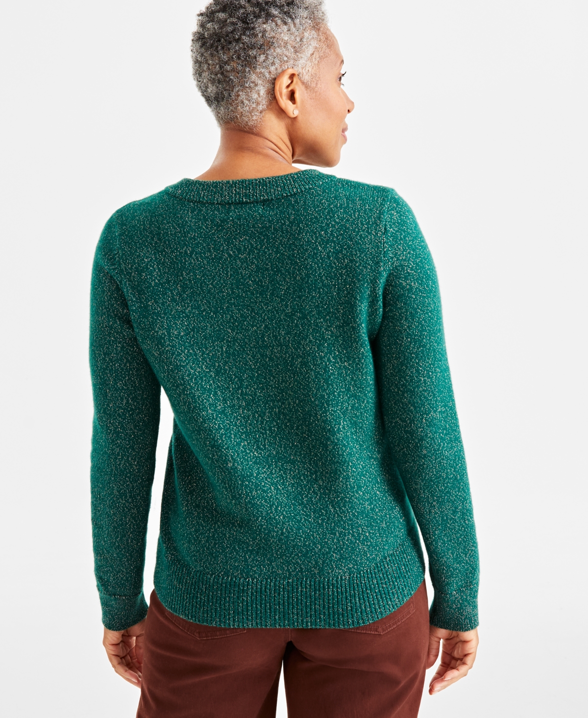 Style & Co Petite Whimsy Shine Pullover V-neck Sweater, Created For Macy's In True Emerald