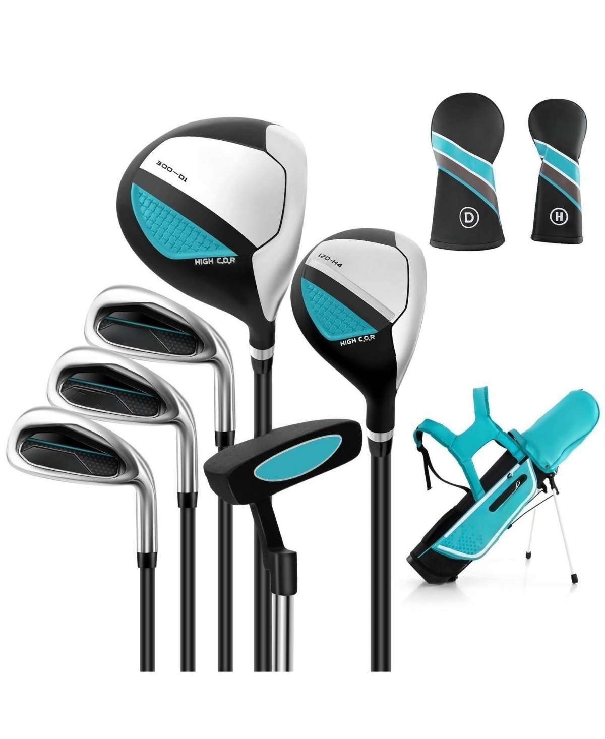 Junior Complete Golf Club Set with Stand Bag Rain Hood-Blue - Blue